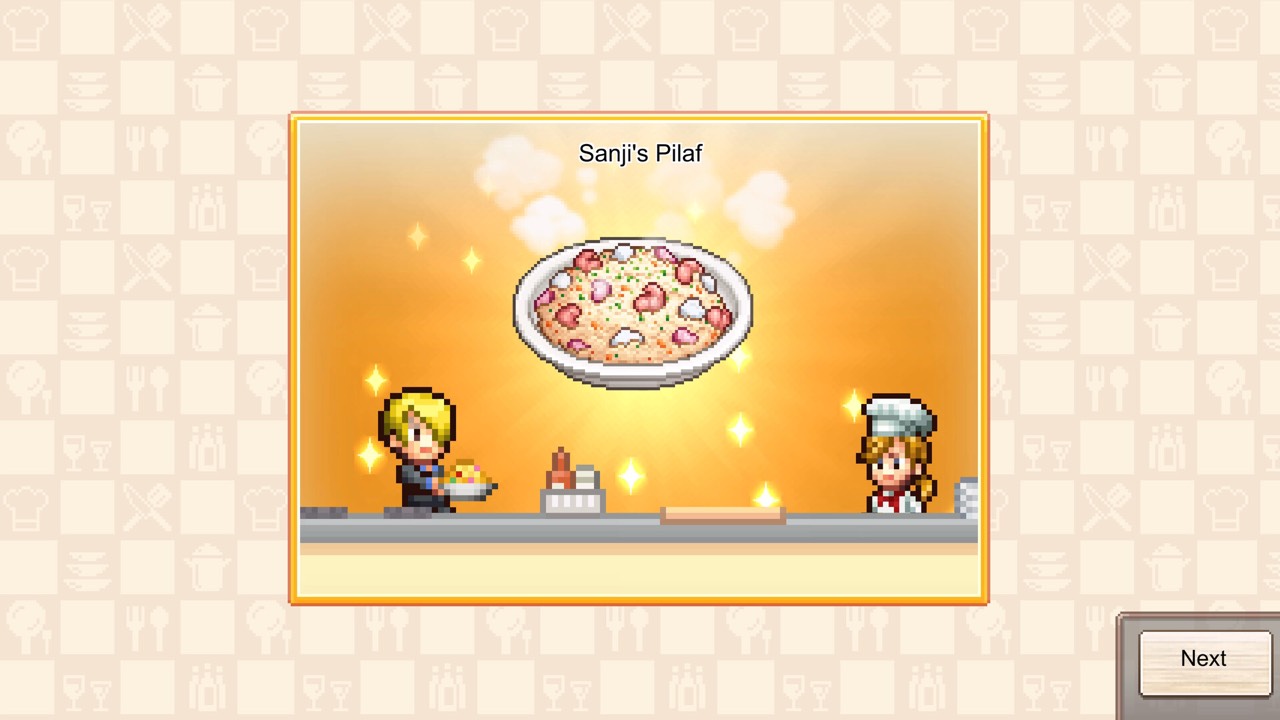 Sanji presenting Sanji's Pilaf in the kitchen
